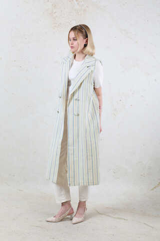 Çizgili Keten Yelek İndigo - 3