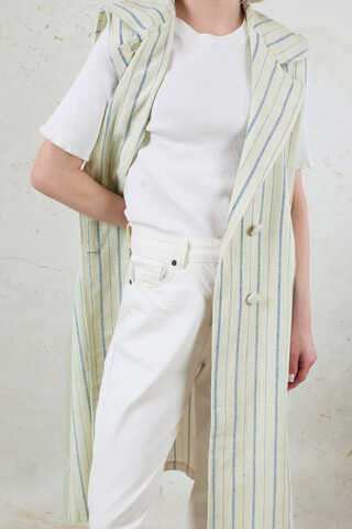 Çizgili Keten Yelek İndigo - 5