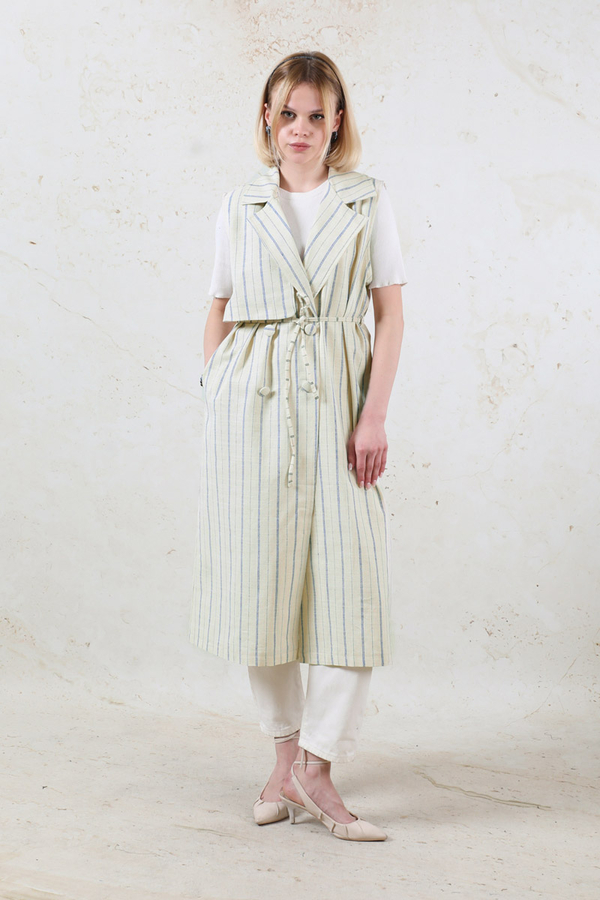 Çizgili Keten Yelek İndigo - 6