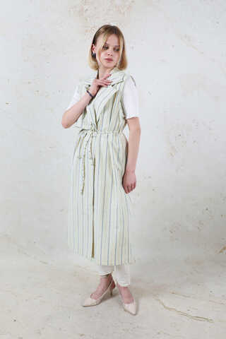 Çizgili Keten Yelek İndigo - 7