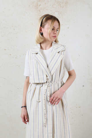 Çizgili Keten Yelek İndigo - 8