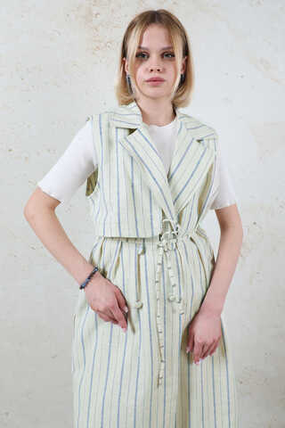 Çizgili Keten Yelek İndigo - 9