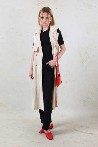 Çizgili Keten Yelek Kırmızı - 2