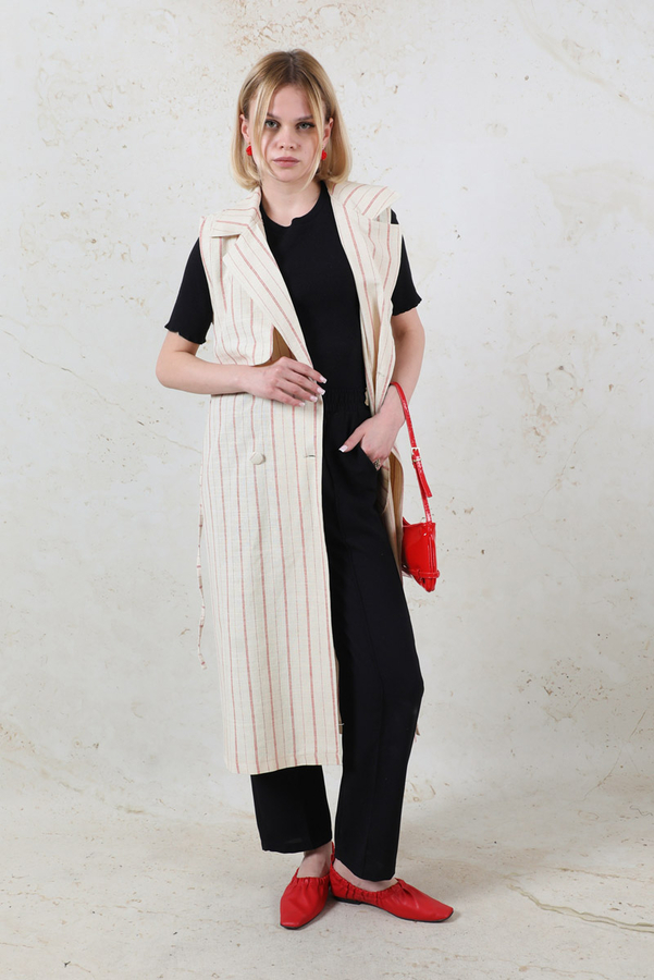 Çizgili Keten Yelek Kırmızı - 3