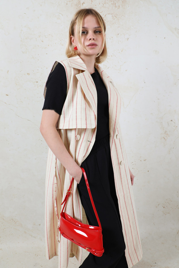 Çizgili Keten Yelek Kırmızı - 5