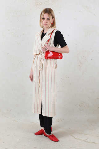 Çizgili Keten Yelek Kırmızı - 6