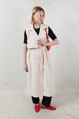 Çizgili Keten Yelek Kırmızı - 7