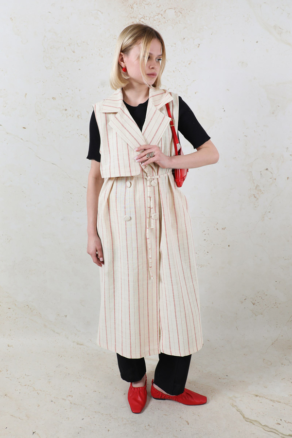 Çizgili Keten Yelek Kırmızı - 7