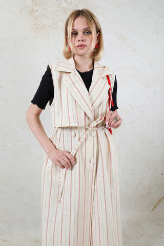 Çizgili Keten Yelek Kırmızı - 9