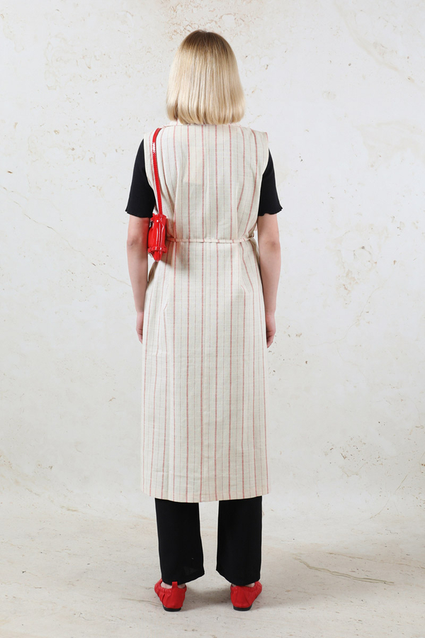 Çizgili Keten Yelek Kırmızı - 11