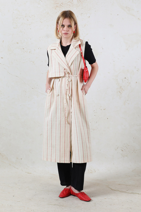 Çizgili Keten Yelek Kırmızı 