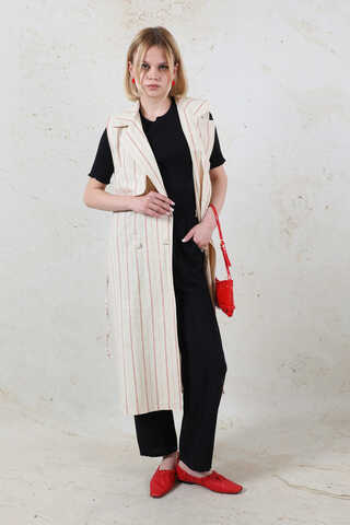 Çizgili Keten Yelek Kırmızı - 3