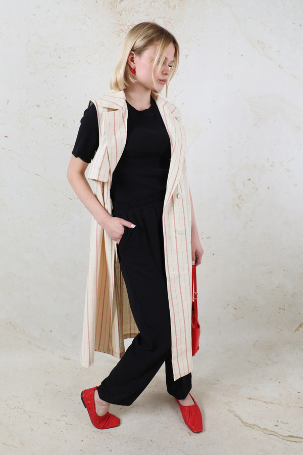 Çizgili Keten Yelek Kırmızı - 4