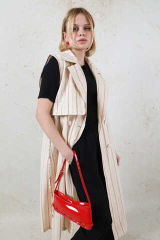 Çizgili Keten Yelek Kırmızı - 5