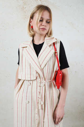 Çizgili Keten Yelek Kırmızı - 8