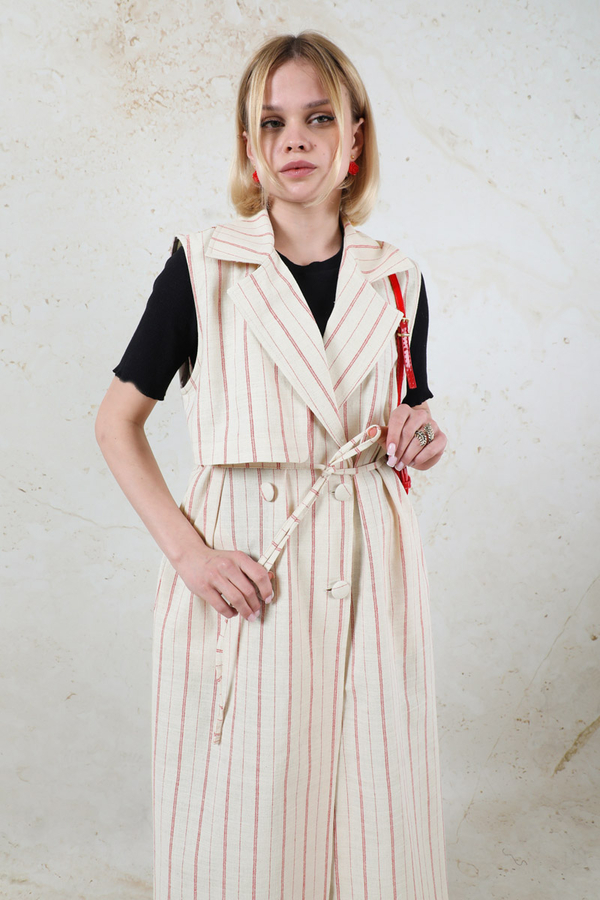 Çizgili Keten Yelek Kırmızı - 9