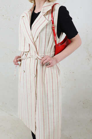 Çizgili Keten Yelek Kırmızı - 10