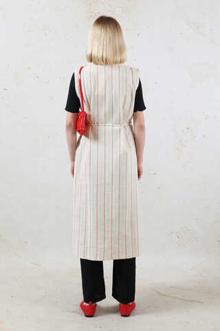 Çizgili Keten Yelek Kırmızı - 11