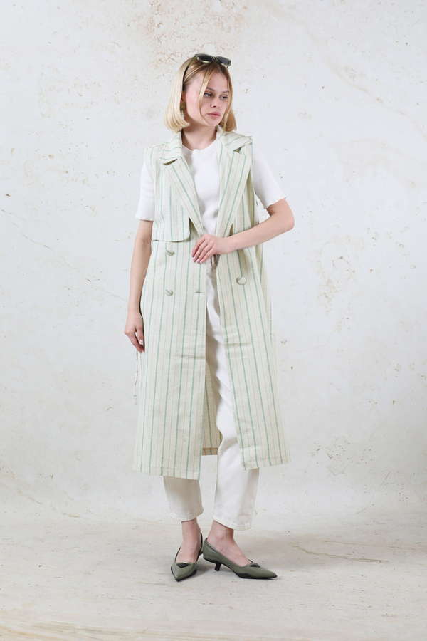 Çizgili Keten Yelek Mint - 3