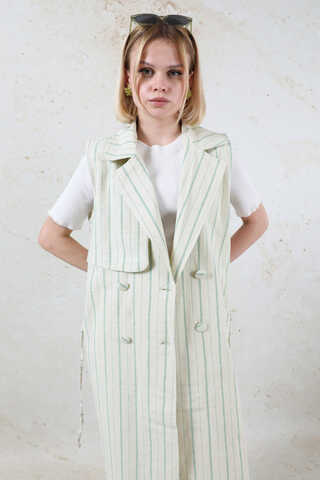 Çizgili Keten Yelek Mint - 4