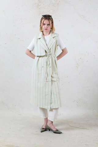 Çizgili Keten Yelek Mint - 5