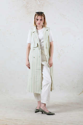 Çizgili Keten Yelek Mint - 2