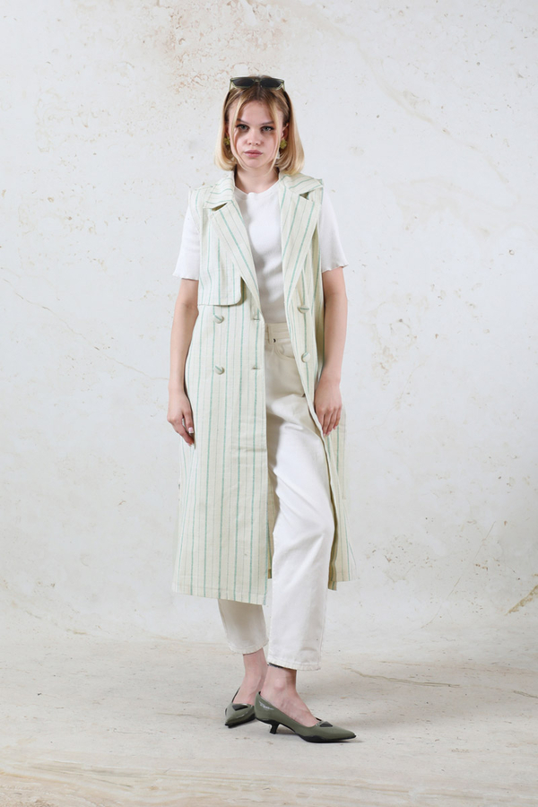 Çizgili Keten Yelek Mint - 2