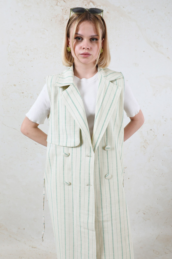 Çizgili Keten Yelek Mint - 4
