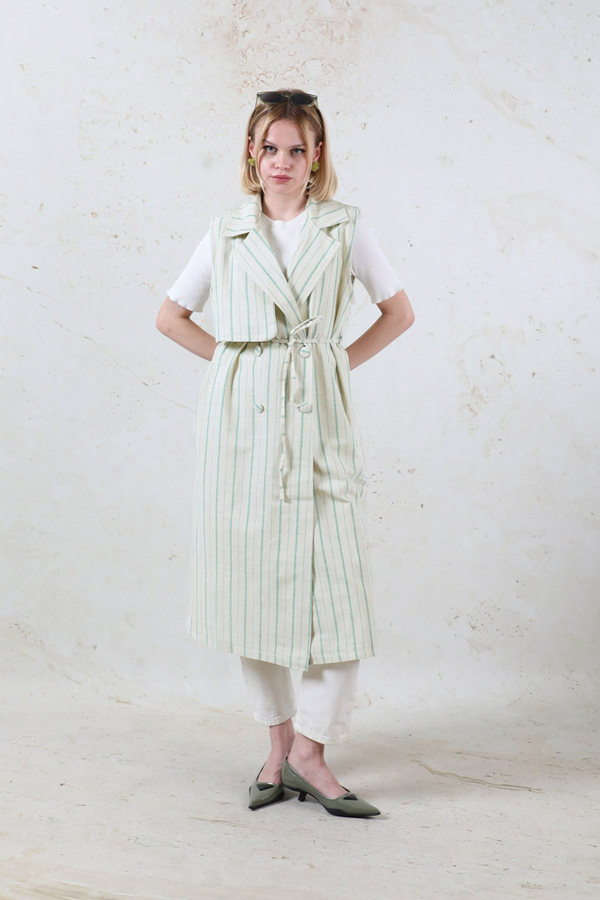 Çizgili Keten Yelek Mint - 5