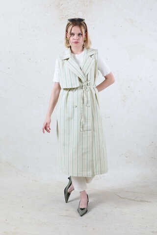 Çizgili Keten Yelek Mint - 6