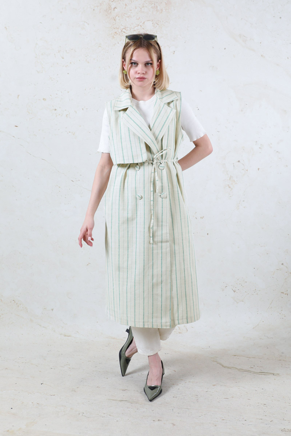 Çizgili Keten Yelek Mint - 6