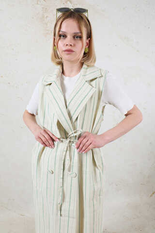 Çizgili Keten Yelek Mint - 1