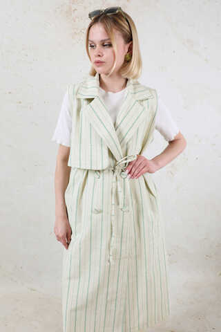 Çizgili Keten Yelek Mint - 7