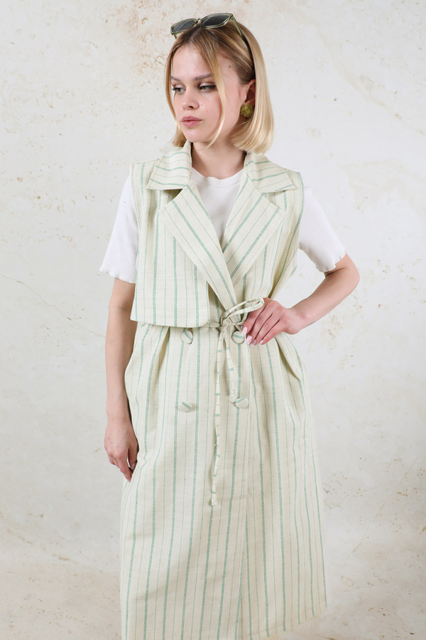 Çizgili Keten Yelek Mint - 7