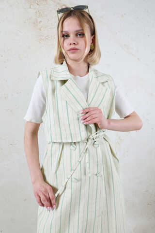 Çizgili Keten Yelek Mint - 8