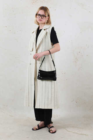 Çizgili Keten Yelek Siyah - 2