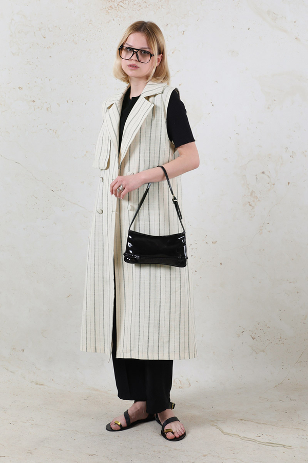 Çizgili Keten Yelek Siyah - 2