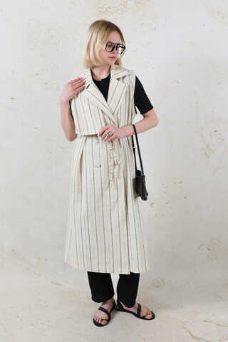 Çizgili Keten Yelek Siyah - 4