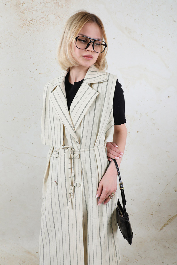 Çizgili Keten Yelek Siyah - 6