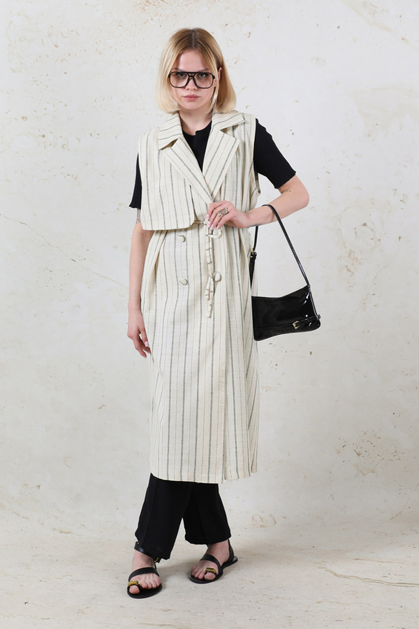 Çizgili Keten Yelek Siyah - 3