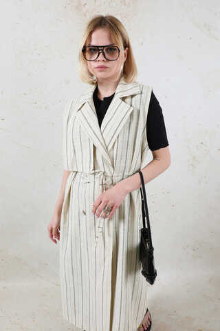 Çizgili Keten Yelek Siyah - 5