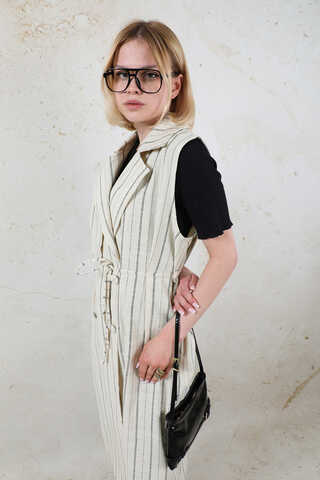 Çizgili Keten Yelek Siyah - 1