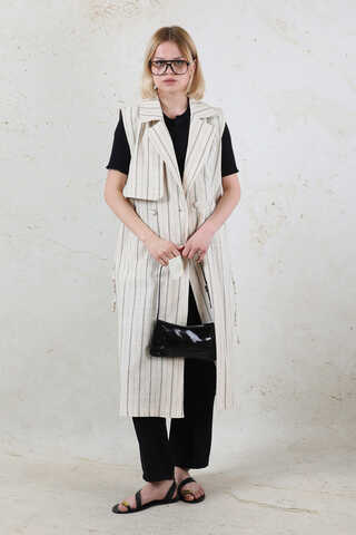 Çizgili Keten Yelek Siyah - 9