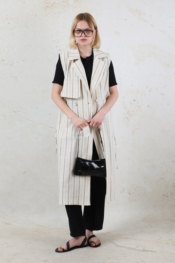 Çizgili Keten Yelek Siyah - 9