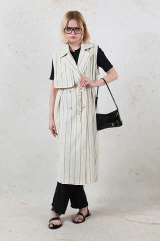 Çizgili Keten Yelek Siyah - 3