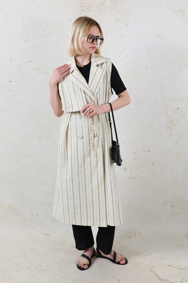 Çizgili Keten Yelek Siyah - 4