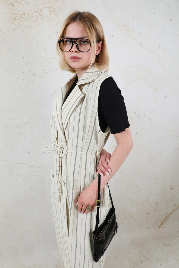 Çizgili Keten Yelek Siyah - 1