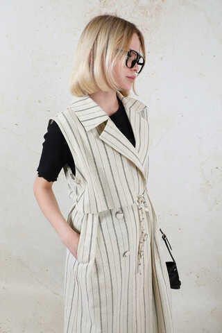 Çizgili Keten Yelek Siyah - 7