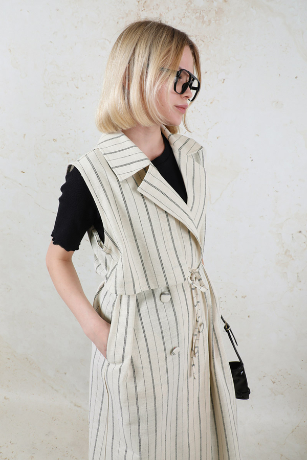 Çizgili Keten Yelek Siyah - 7