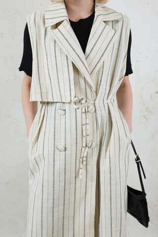 Çizgili Keten Yelek Siyah - 8